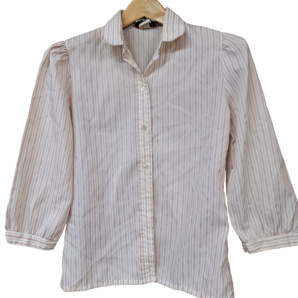 Retro 70s 80s Secretary Top Womens Pink White Striped Puff Sleeve Blouse Size 7